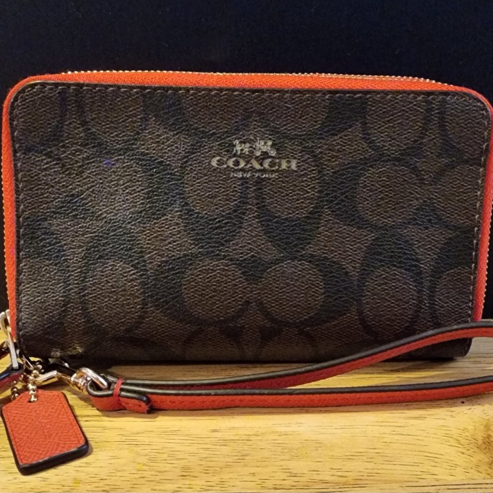 Coach Signature PVC Double Zip Phone Wallet Wristlet in Carmine Orange
